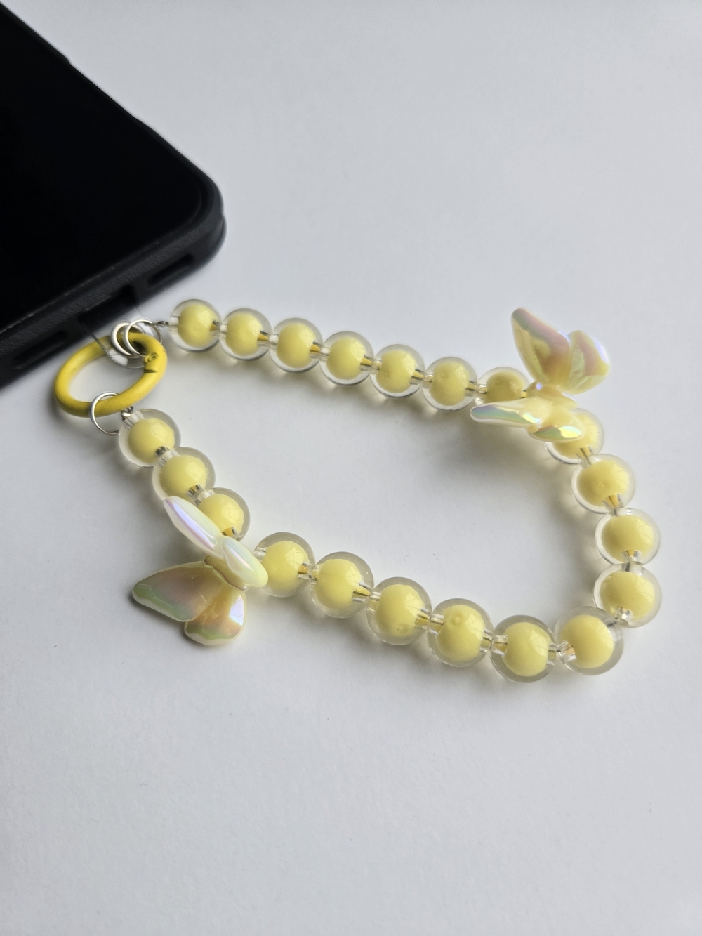 ✨🦋 Yellow Beaded Iridescent Butterfly Charms Phone Wristlet Strap Lanyard